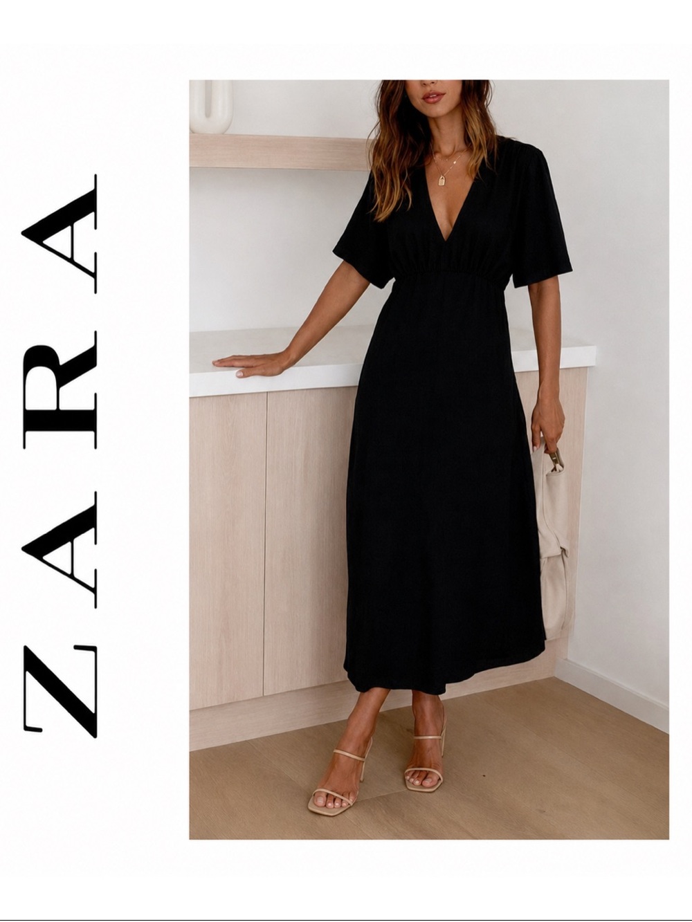 NWT Zara V-Neck Black Gauze Midi Dress Size Small